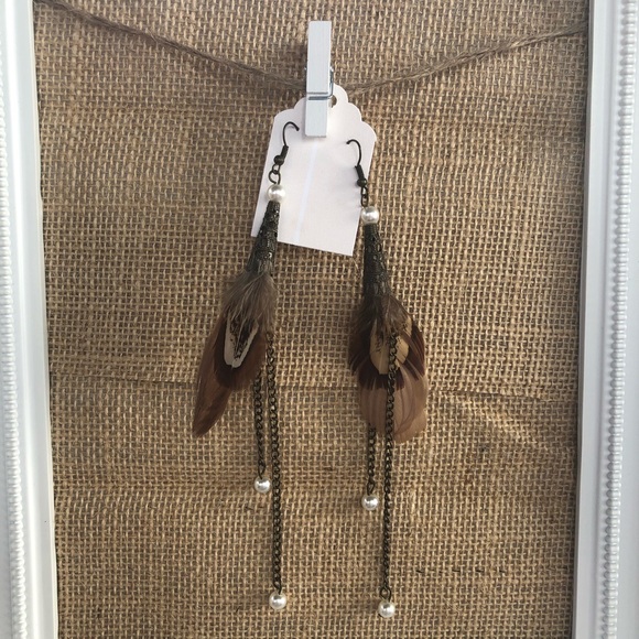 Brown Feather Drop Earrings - Picture 2 of 2